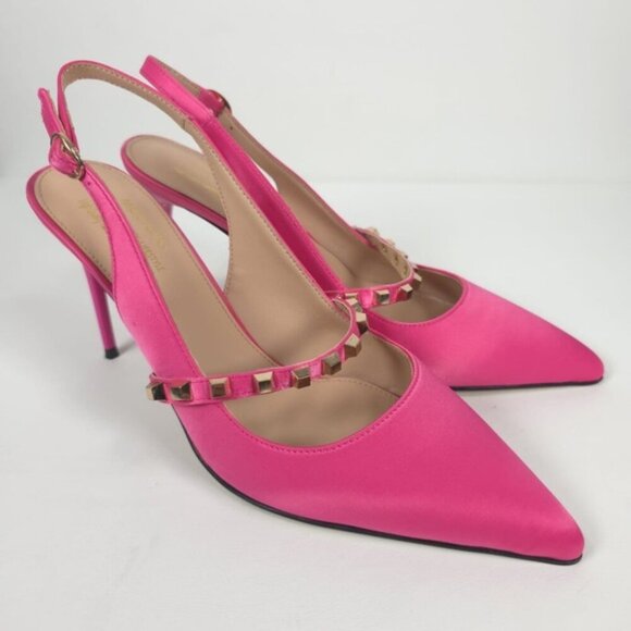 NWOB MEILYGRSS High Quality HANDMADE Metallic Rivets Satin Heels Sandals 9.5‎